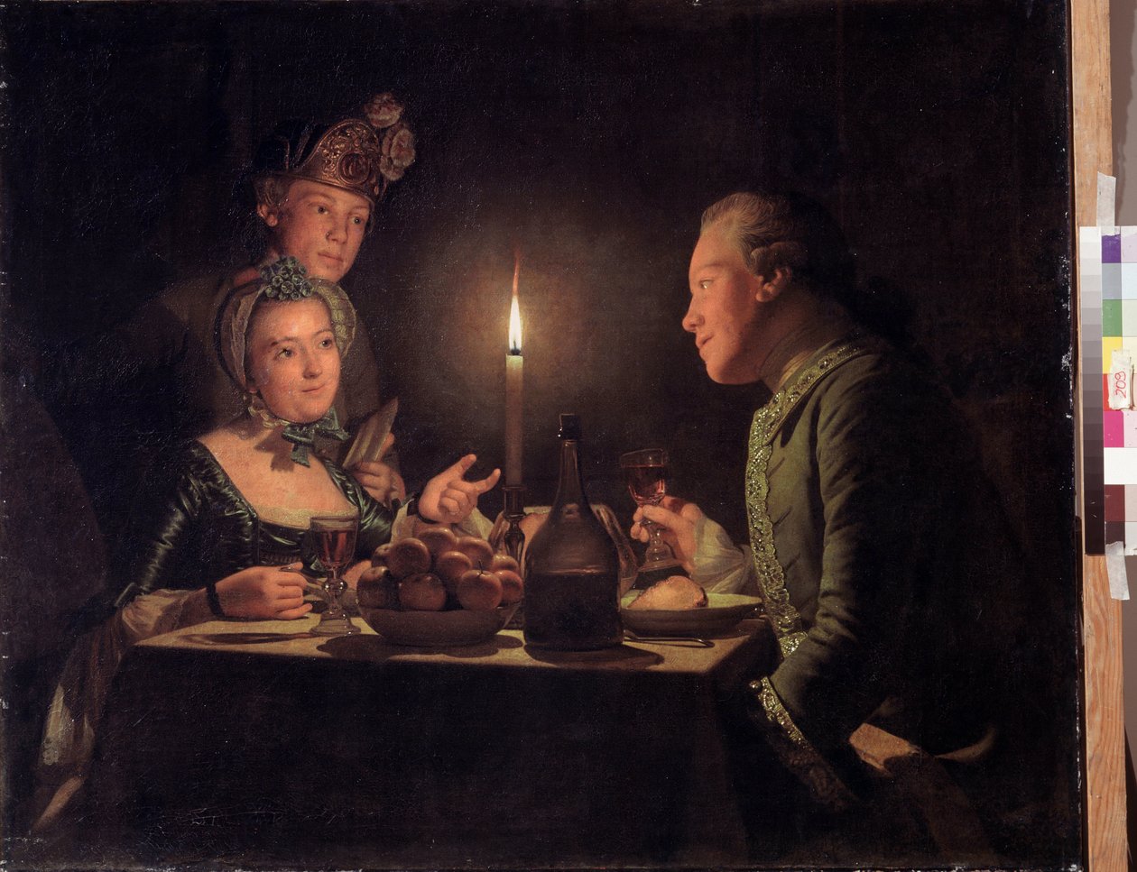 عشاء على ضوء الشموع (عشاء على ضوء الشموع). لوحة آنا دوروثيا ثربوش ليسيفسكا (1721-1782). زيت على قماش ، 95.5 × 117 سم بواسطة آنا دوروثيا ليسيفسكا