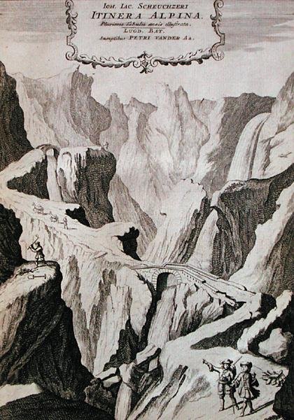 الصفحة الأولى من المجلد الأول من 'Itinera Alpina' بقلم يوهان جاكوب شوتشزيري ، نُشر عام 1706 (نقش) بواسطة آنا واسيرا (بعد) تيغورينا
