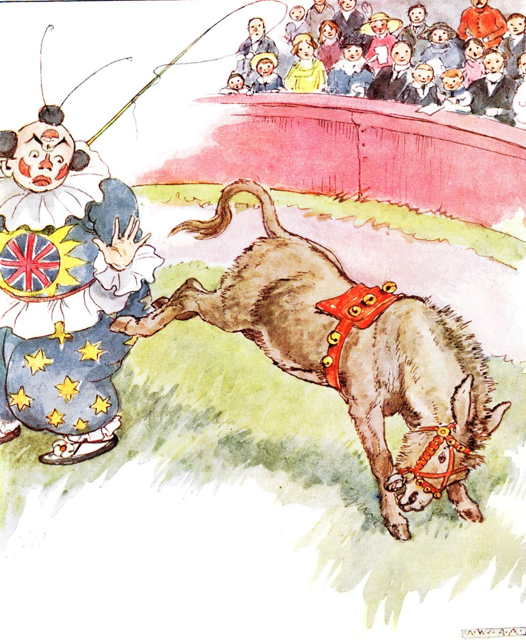 "كان المهرج سخيفًا جدًا اليوم - لقد ركلته بشدة" ، رسم توضيحي من كتاب Naughty Neddy ، الذي نشره Thomas Nelson und Sons ، 1920s بواسطة آن أندرسون