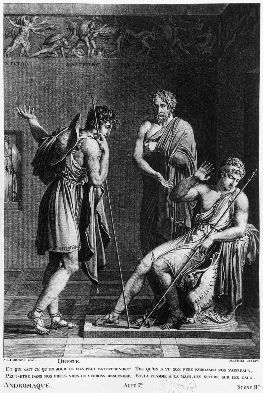 Orestes و Pyrrhus ، توضيح من القانون الأول المشهد 2 من "Andromaque" بواسطة جان راسين (1639-99) الذي نقشه ماتيو (القرن التاسع عشر) بواسطة آن لويس جيروديت دي رويسي تريوسون