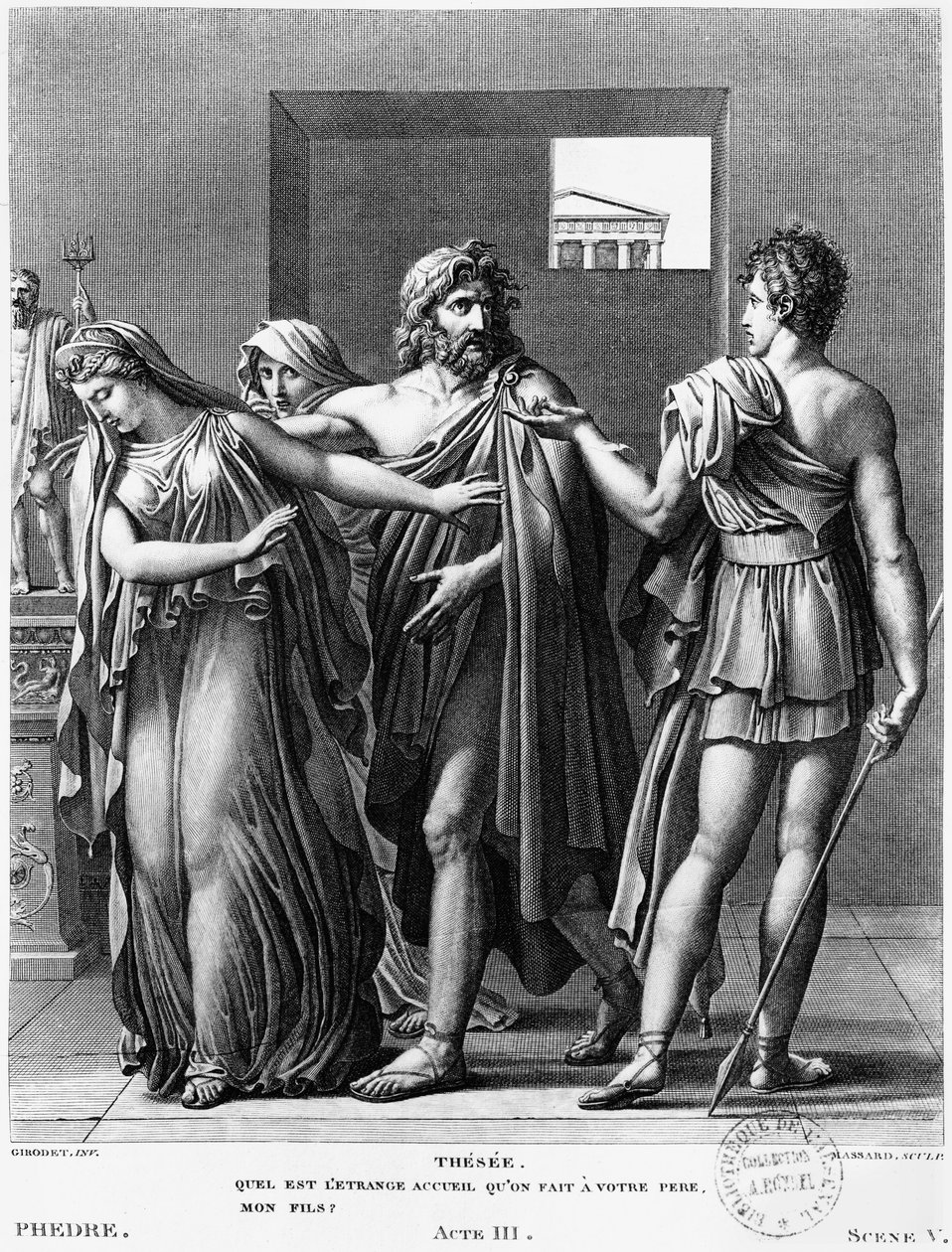 فيدرا ، ثيسيوس و هيبوليتوس ، رسم توضيحي من المشهد الثالث من المشهد الخامس لـ "Phedre" لجان راسين (1639-99) الذي نقشه رافائيل أوربين ماسار (1775-1843) 1824 بواسطة آن لويس جيروديت دي رويسي تريوسون
