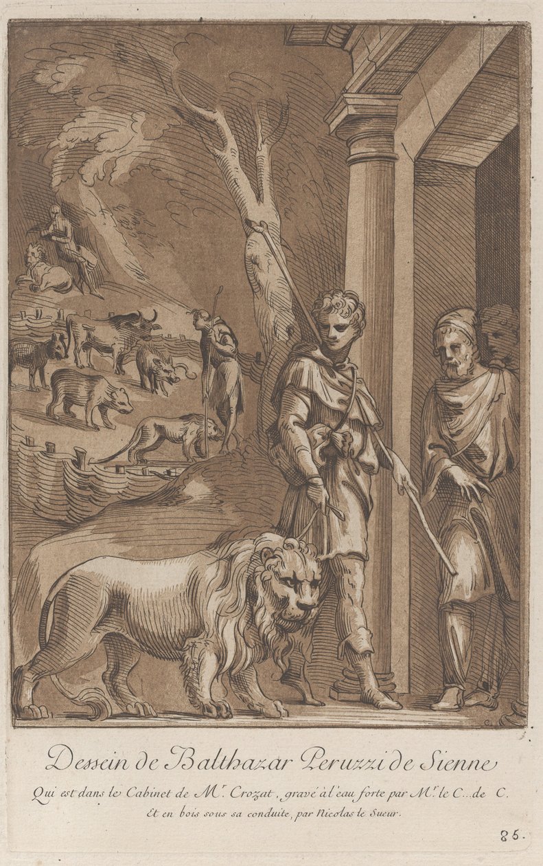راعي يحمل أسدًا على مقود في المقدمة ، في وسط الأرض ... ، كاليفورنيا. 1729 - 64 بواسطة آن كلود فيليب دي