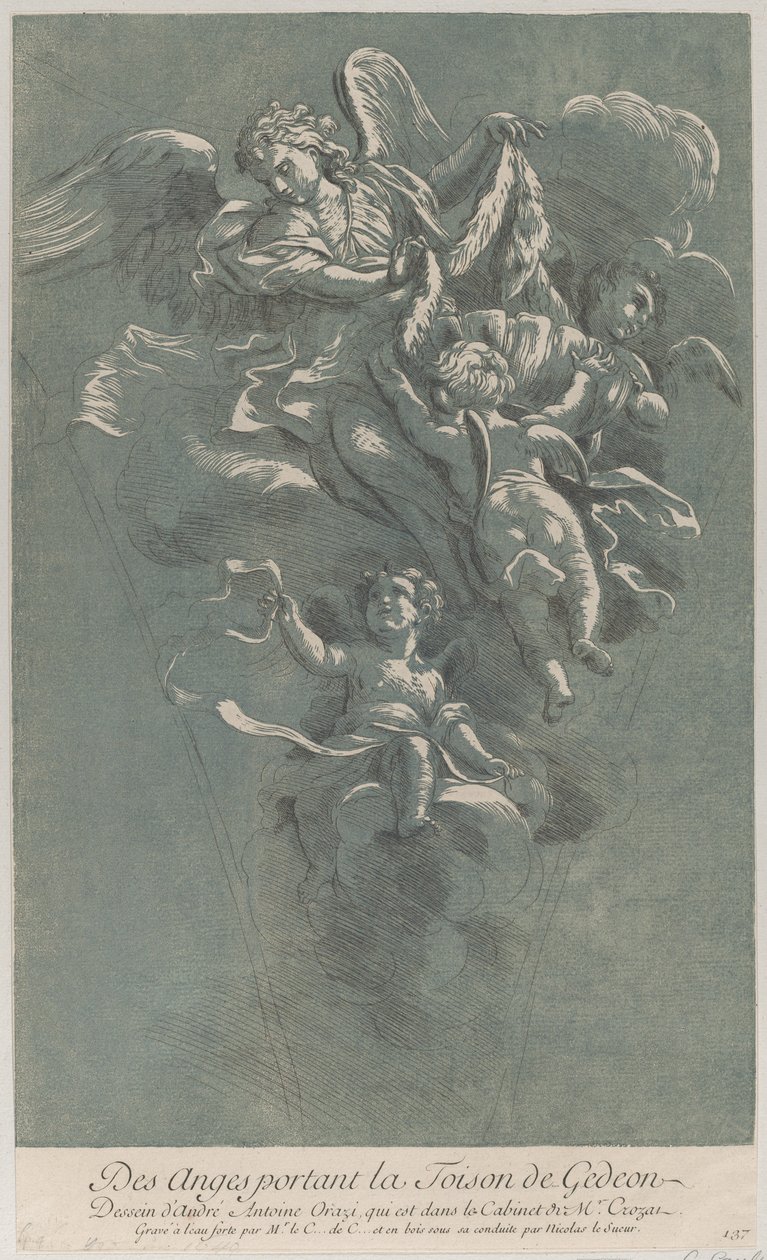 ثلاثة ملائكة يحملون صوف جدعون ، من 'Recueil d'estampes d'apres les plus be ...، ca. 1729 - 64 بواسطة آن كلود فيليب دي