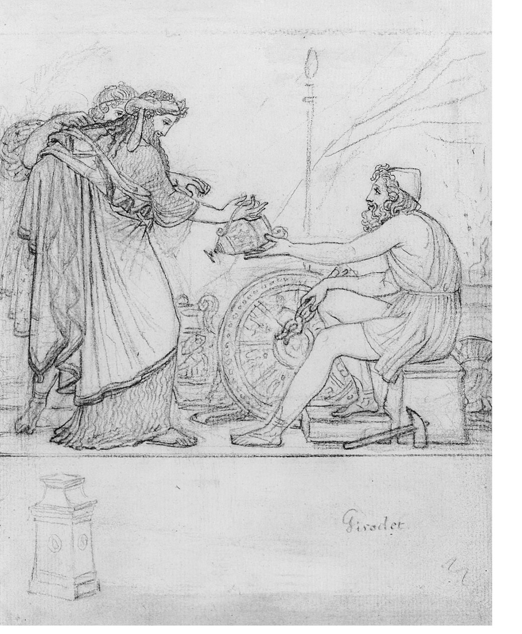 Anacreon يستلم مزهرية فضية من شخصين واقفين ، مع دراسة شاهدة: رسم توضيحي لـ Anacreon&39;s Ode XVII مع نقش &39;Girodet&39; (طباشير أسود على الورق) بواسطة آن لويس جيروديت دي رويسي تريوسون