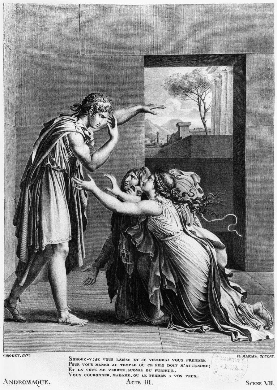 أندروماش عند أقدام بيرهوس ، توضيح من القانون الثالث المشهد 7 من "Andromaque" لجان راسين (1639-99) الذي نقشه هنري ماريه (BC1768) بواسطة آن لويس جيروديت دي رويسي تريوسون