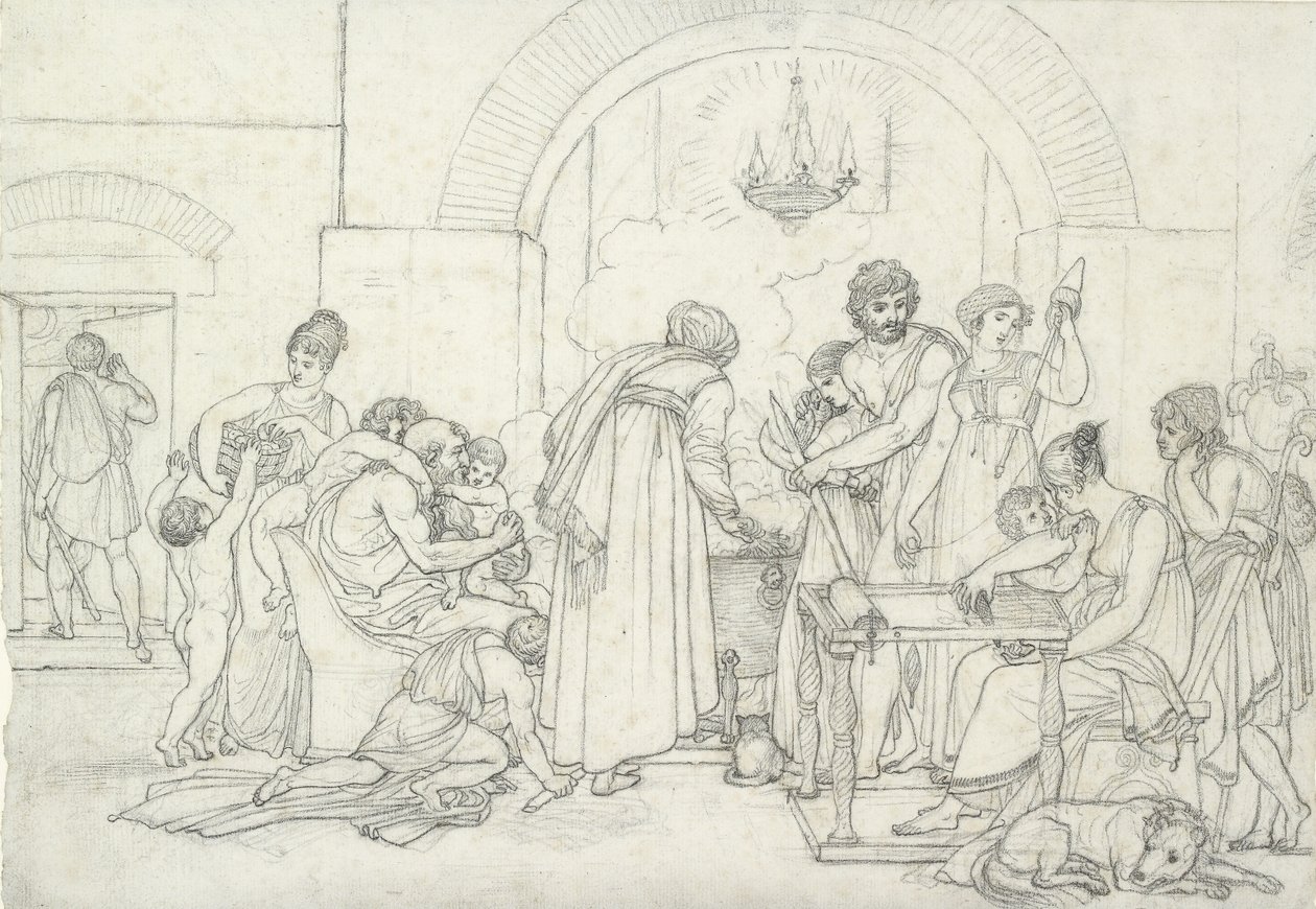 تصميم داخلي ريفي في العصور القديمة (طباشير أسود على ورق أبيض منقوش) بواسطة آن لويس جيروديت دي رويسي تريوسون
