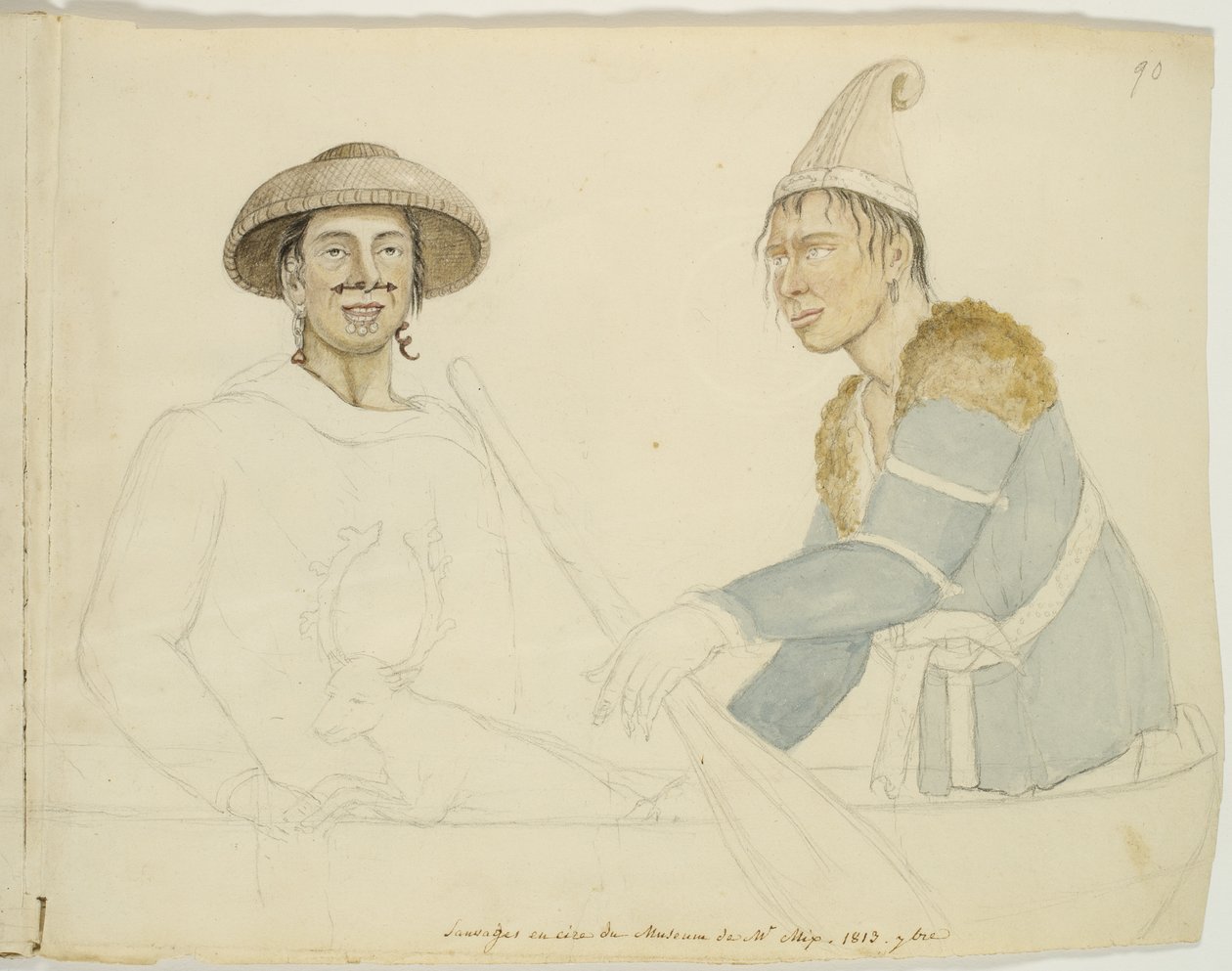 صورتان شمعيتان لأميركيين أصليين في متحف ميكس ، نيو هافن ، كونيتيكت ، 1813 (ألوان مائية ، جرافيت ، وحبر أسود على ورق) بواسطة آن مارجريت هايد دي نوفيل
