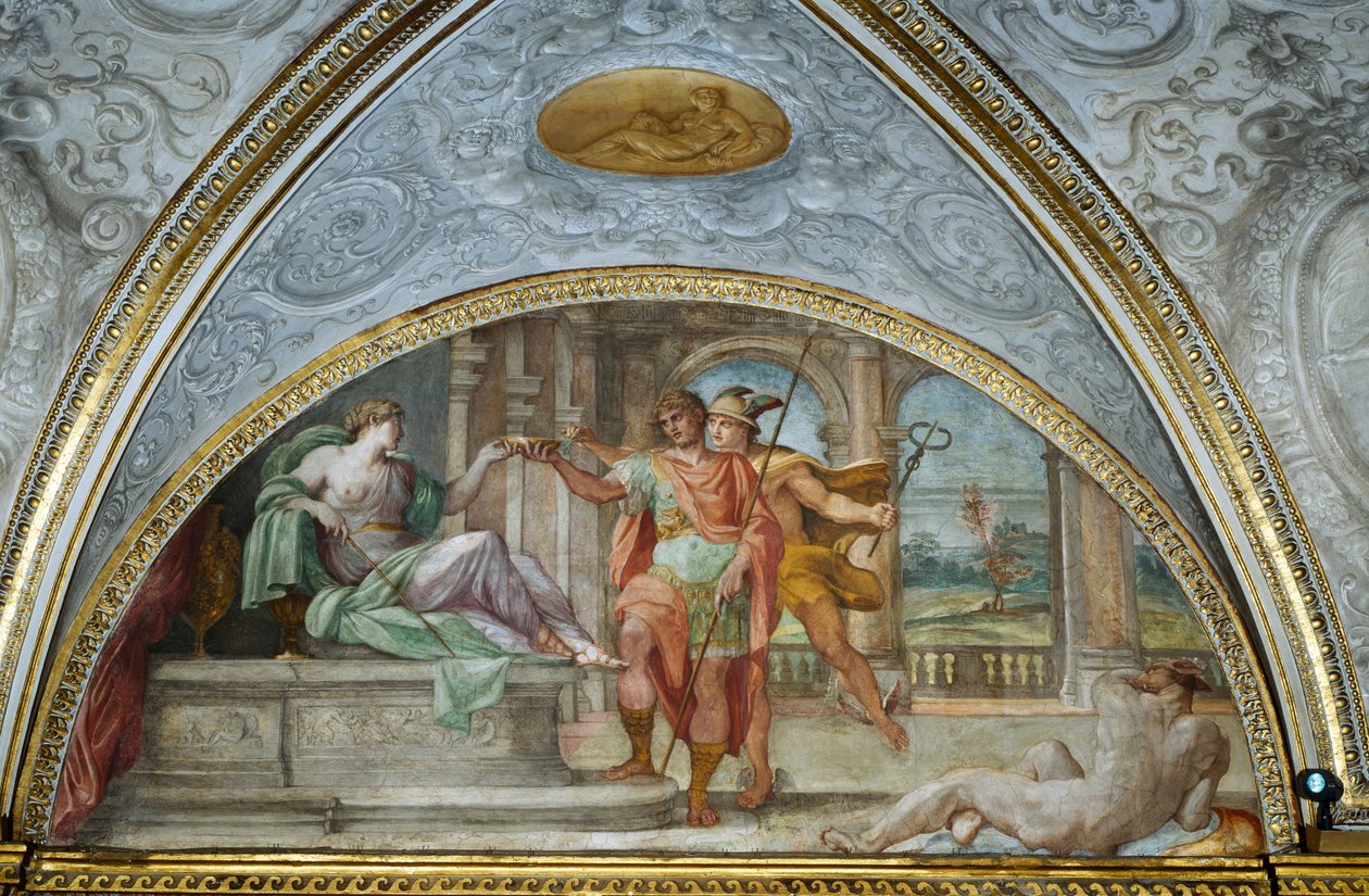 Lunette يصور السيرس سيرس تقدم Ulysses وعاء من الحساء المسموم والزئبق يضيف ترياقًا عشبيًا ، من "Camerino" ، 1596 بواسطة أنيبال كاراتشي