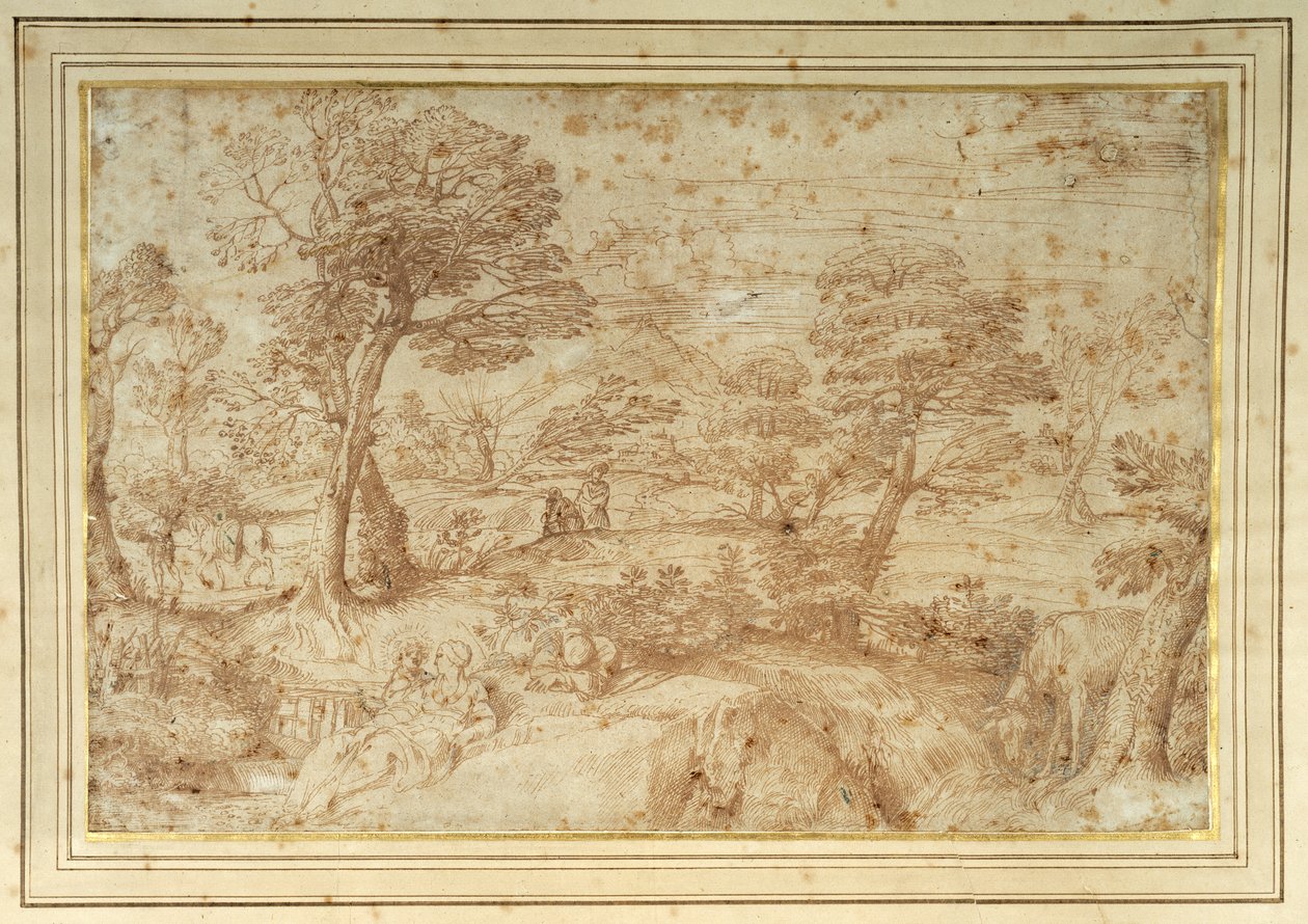 Landscape with the Rest on the Flight from Egypt, after Annibale Carracci (pen & brown ink on paper) بواسطة أنيبال (استوديو) كاراتشي
