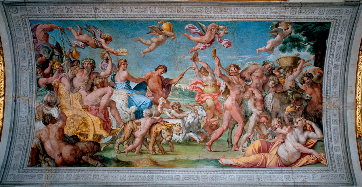 Bacchus (Dionysos، Bacco) على دبابته يعود من الهند ويلتقي مع Ariane التي تخلى عنها Thesee Fresco بواسطة Annibale Carracci (Annibal Carrache) (1560-1609). 1597-1600 روما ، قصر فارنيزي بواسطة أنيبال كاراتشي