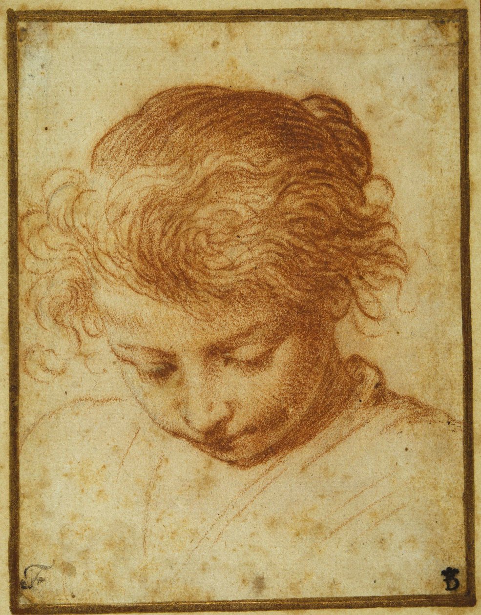 Head of a young girl looking downwards (red chalk on cream paper) بواسطة أنيبال كاراتشي