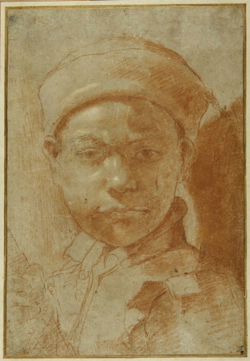 Portrait of a youth, bust-length, wearing a round cap (red chalk on grey paper) بواسطة أنيبال كاراتشي