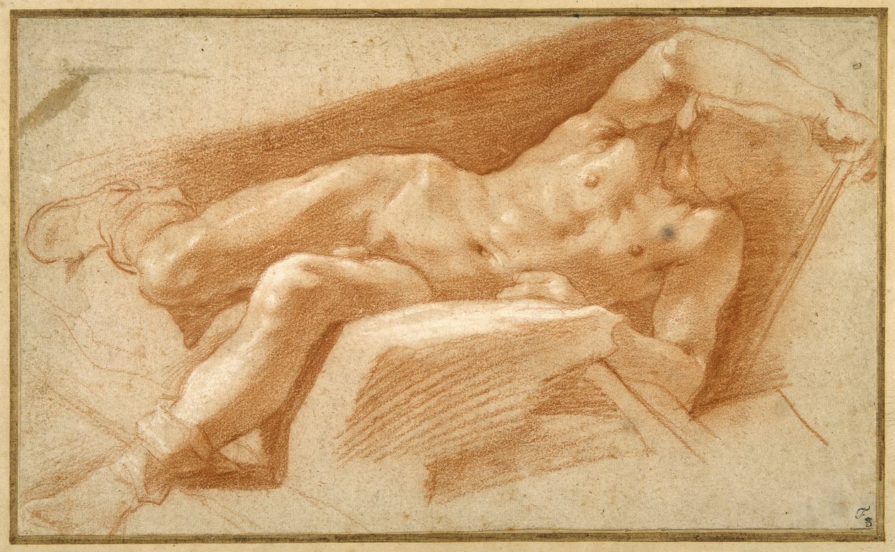 Recumbent youth posed nude, except for his hose pulled down to his ankles (red chalk on paper) بواسطة أنيبال كاراتشي