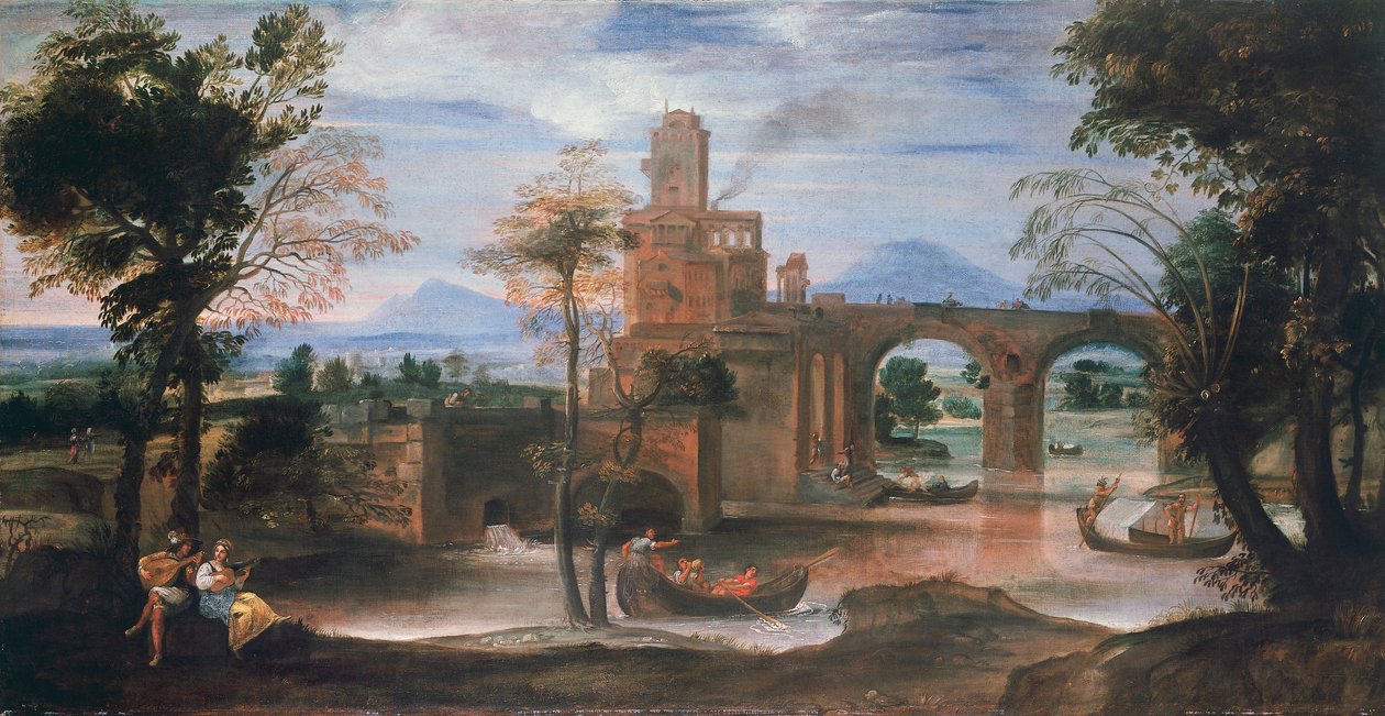 River landscape with castle and bridge, c.1598 (oil on canvas) بواسطة أنيبال كاراتشي
