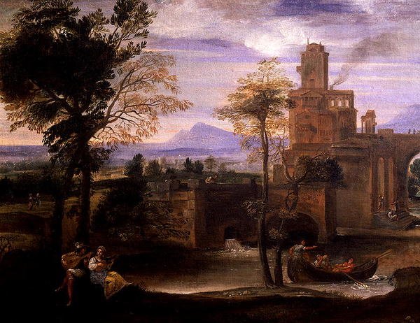 منظر طبيعي روماني مع جسر (زيت على قماش) (تفاصيل 186429) بواسطة أنيبال كاراتشي
