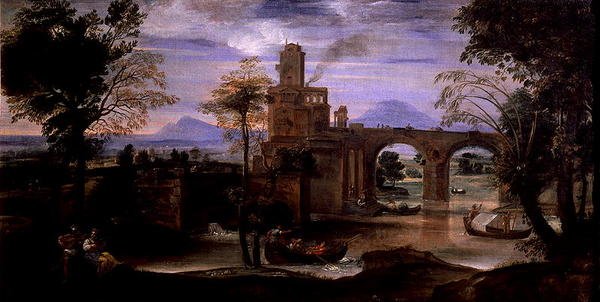 منظر طبيعي روماني به جسر (زيت على قماش) (انظر أيضًا 186430 و 186431) بواسطة أنيبال كاراتشي