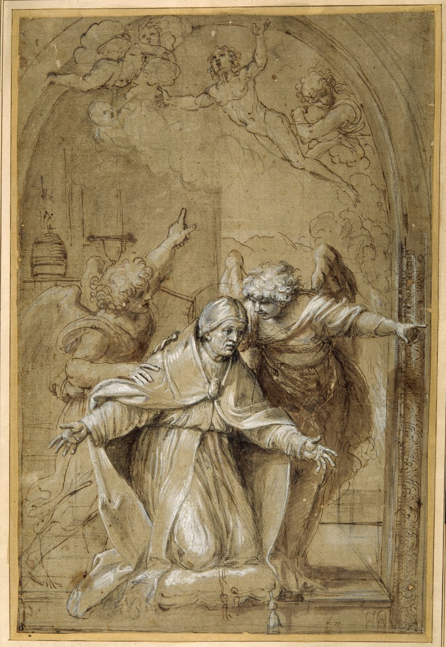 St Gregory attended by angels praying for souls in Purgatory (pen & brown ink with brown wash and heightening) بواسطة أنيبال كاراتشي