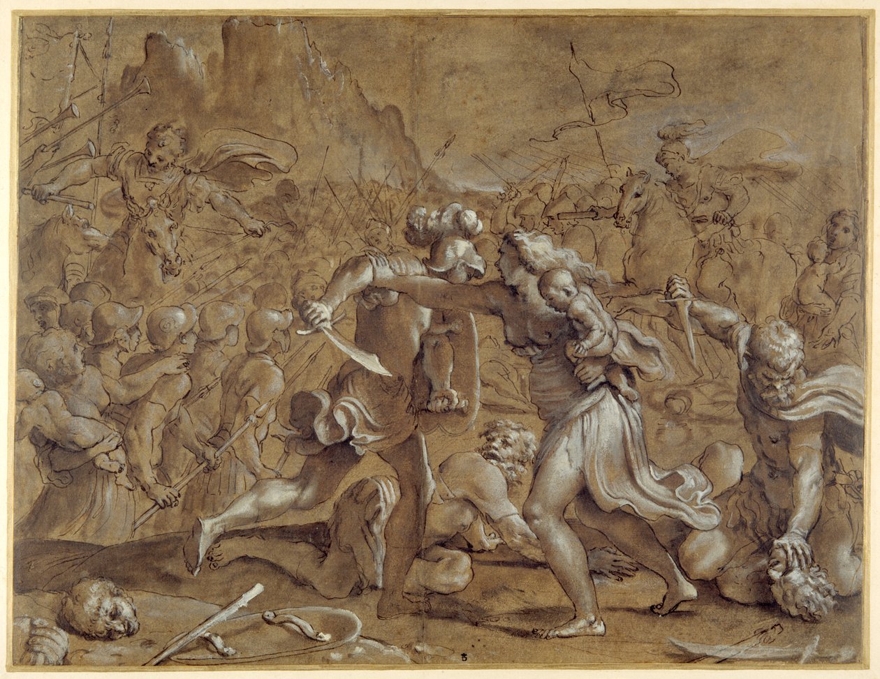 The battle between the Romans and the Sabines (pen & ink with wash and gouache on paper) بواسطة أنيبال كاراتشي