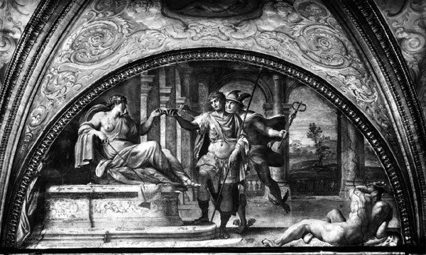 يوليسيس وسيرس ، نظارة من 'Galleria di Carracci' (قاعة Carracci) 1597-1604 (في الهواء الطلق) (صورة بالأبيض والأسود) بواسطة أنيبال كاراتشي