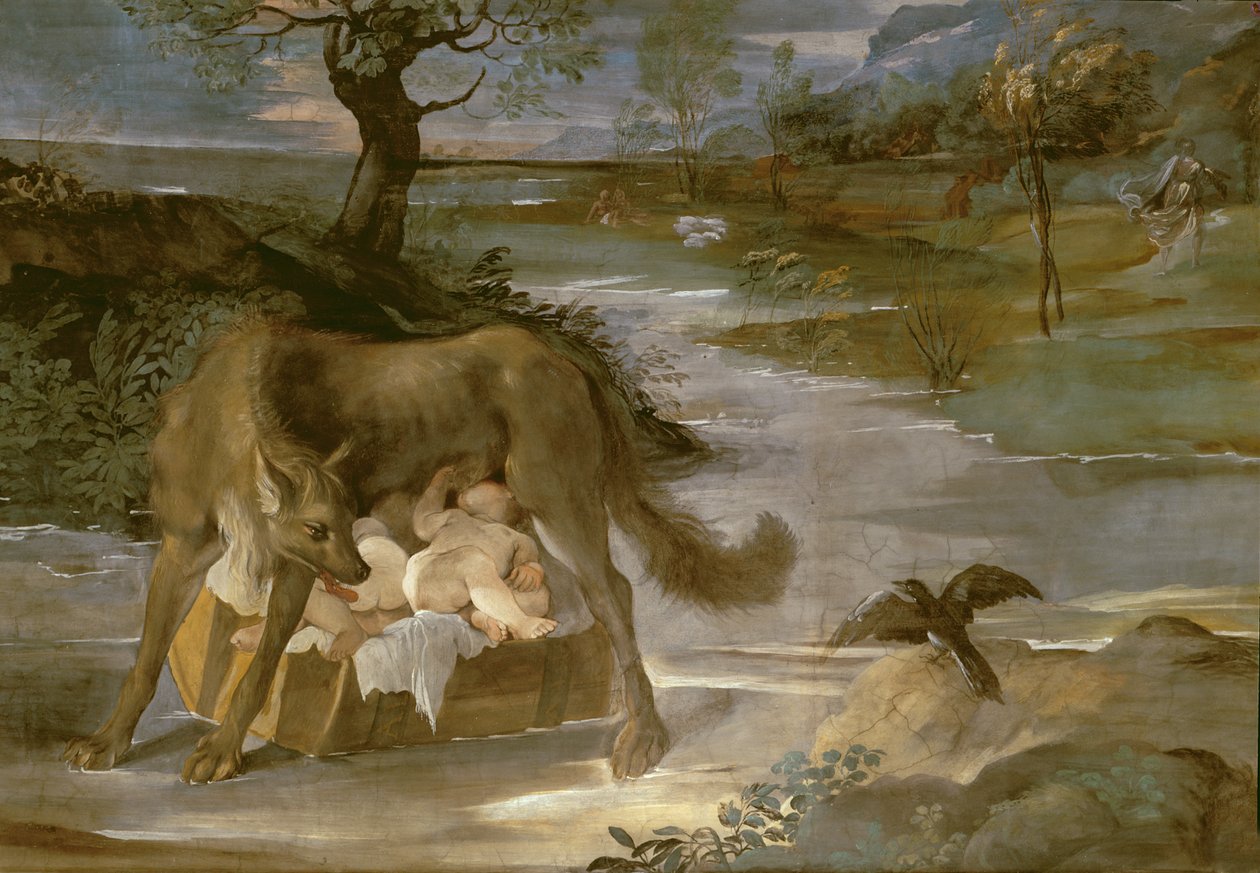 The She-Wolf Suckling Romulus and Remus ، من تاريخ دورة رومولوس ، c.1590 بواسطة نسخة أنيبالي كاراتشي