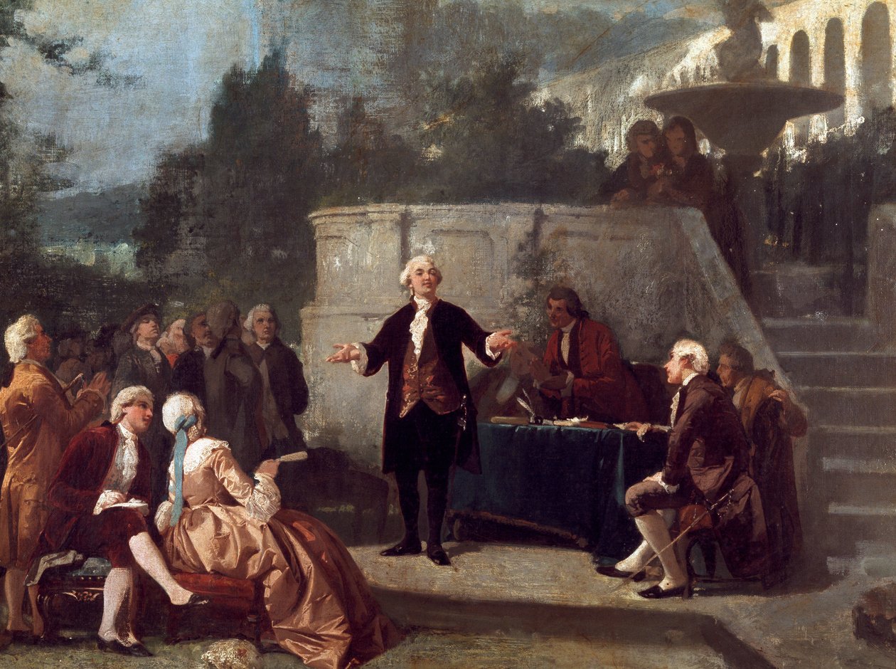 The Italian playwright Carlo Goldoni (1707-1793) declares a sonnet before the members of the Colonia Alfea (equivalent of the Academy of Arcadia in Pisa) in the Scotto Garden of Pisa Painting by Annibale Gatti (1828 - 1909) بواسطة أنيبال جاتي