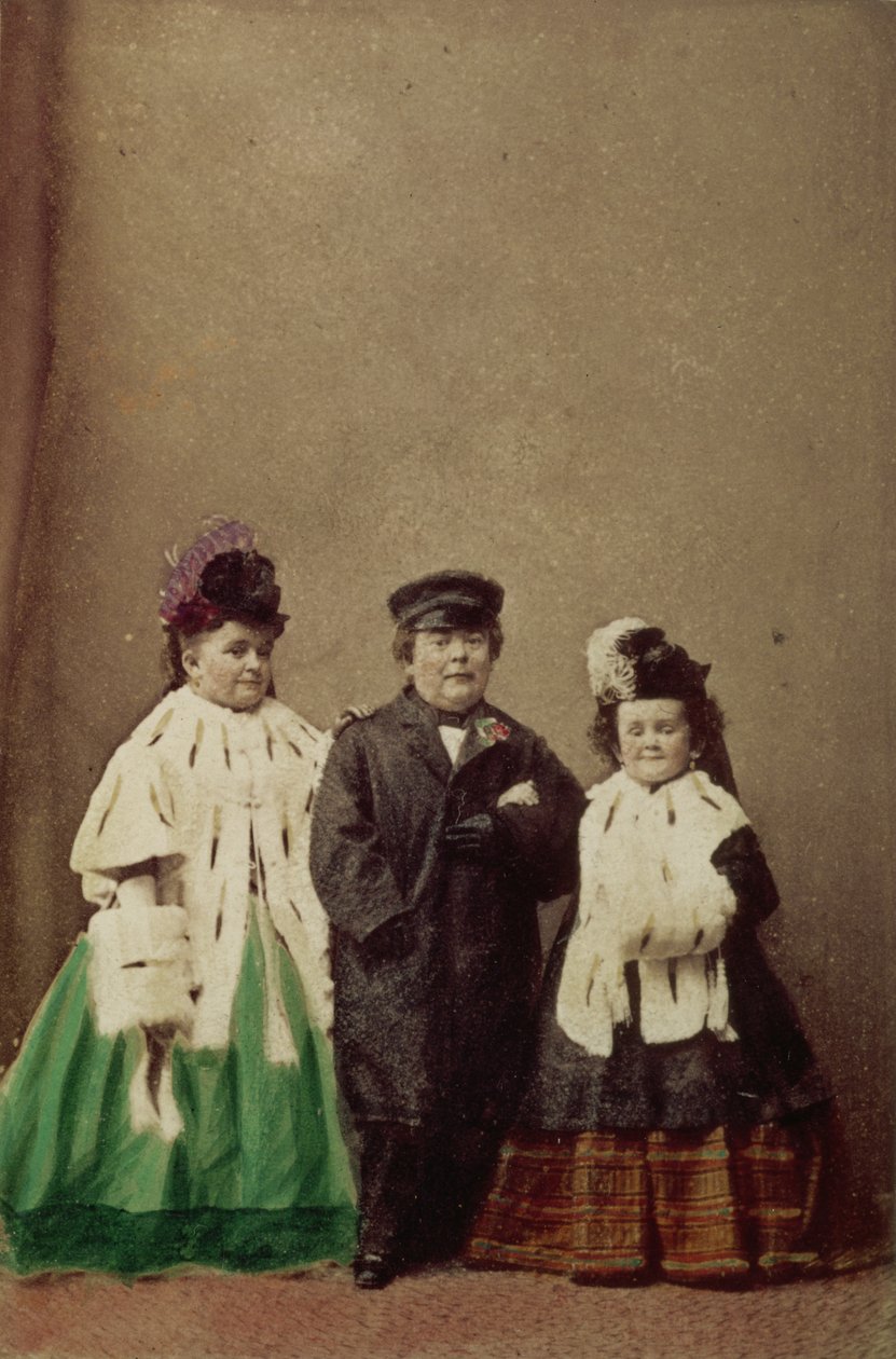 تشارلز شيروود ستراتون ، والمعروف باسم الجنرال توم ثومب (1838-1883) ، مع زوجته لافينيا (ني وارن) (1841-1919) وشقيقة زوجته ، صورة شخصية بواسطة غير معروف غير معروف