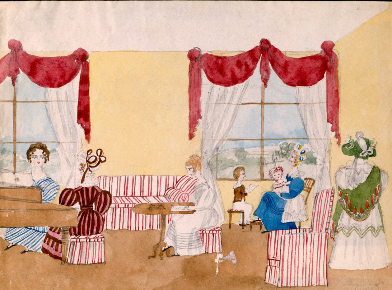 الداخلية مع النساء والأطفال ، c.1830 ، البريطانية ، والألوان المائية بواسطة غير معروف غير معروف