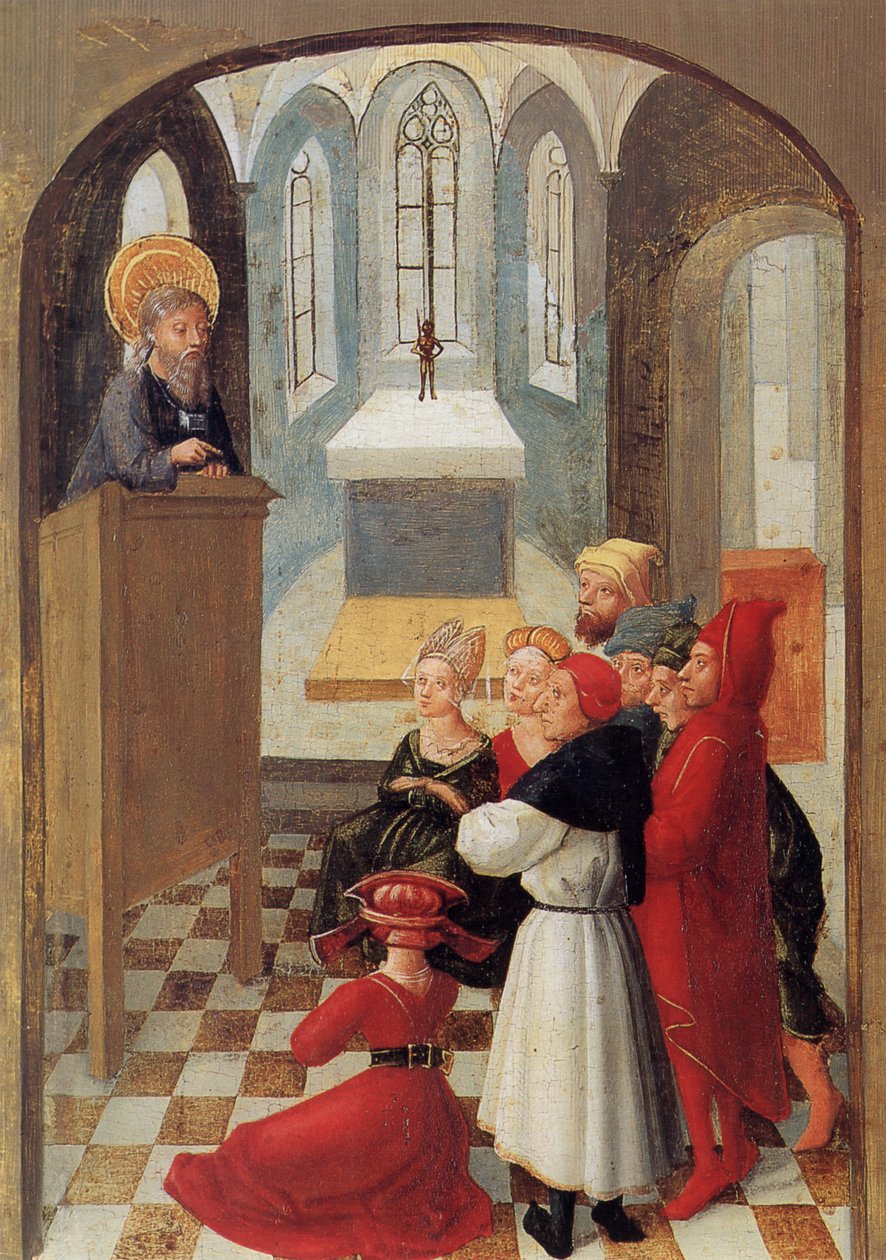 جدول الدم المقدس Weingarten من عام 1489. الجدول 5: Longinus يحول الكثير من الناس إلى الإيمان المسيحي في مانتوا بواسطة غير معروف
