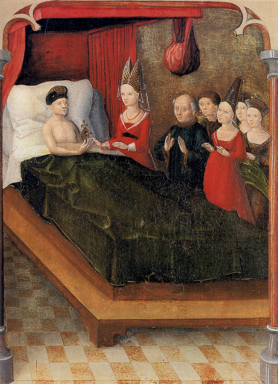 جدول الدم المقدس Weingarten من 1489. Landesmuseum Württemberg ، شتوتغارت. اللوحة 20: عند وفاته ، ورث الكونت بالدوين بقايا ابنته جوديث بواسطة غير معروف