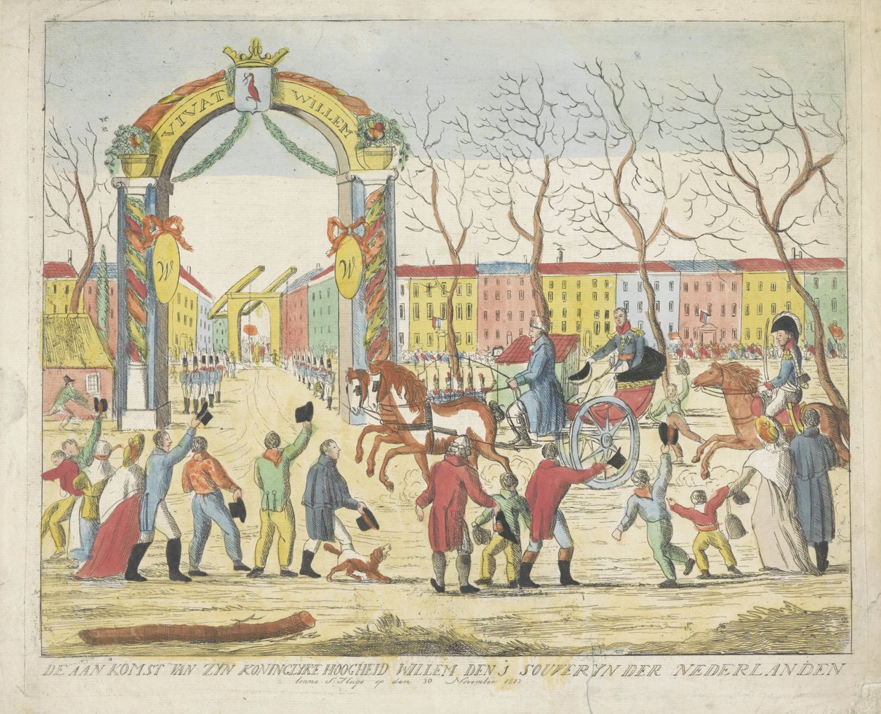 وصول أمير أورانج إلى لاهاي 1813 وصول صاحب السمو الملكي ويليم دن 1 سوفين دير نيدرلاندين بيني إس: الحاج في 30 نوفمبر 1813 (العنوان على الكائن) بواسطة مجهول