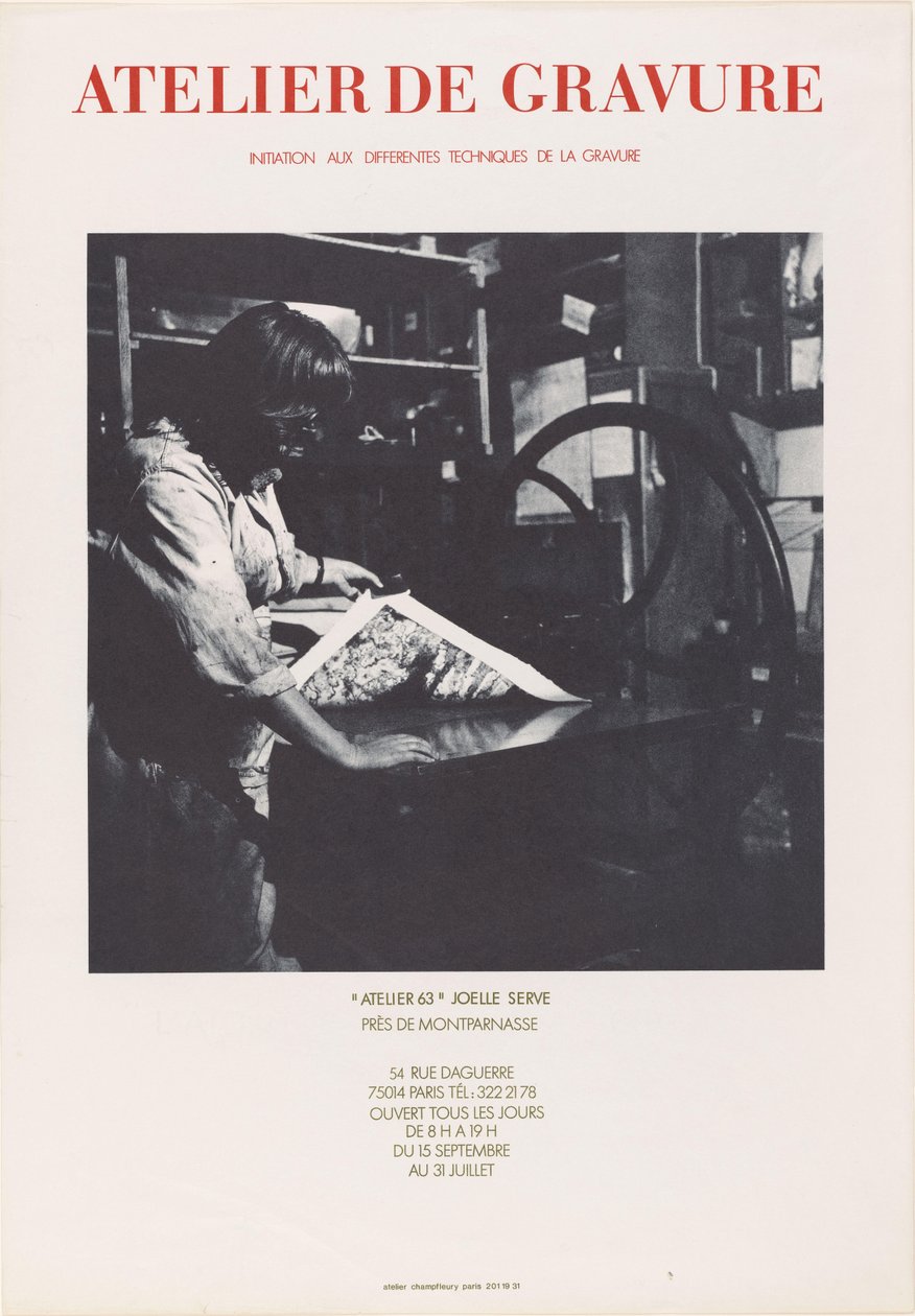 بوستر شركة طباعة أتيليه 63 بباريس Atelier de gravure ((...)) Atelier 63 Joelle Serve (العنوان على الكائن) بواسطة مجهول