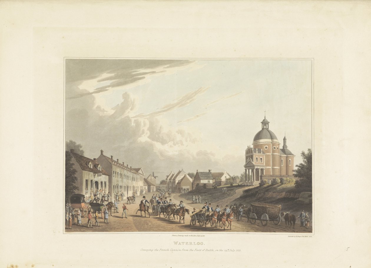 Afvoer van Franse kanonnen door Waterloo واترلو. نقل المدفع الفرنسي من ميدان المعركة ، في 24 يوليو 1815 (العنوان على الجسم) بواسطة مجهول