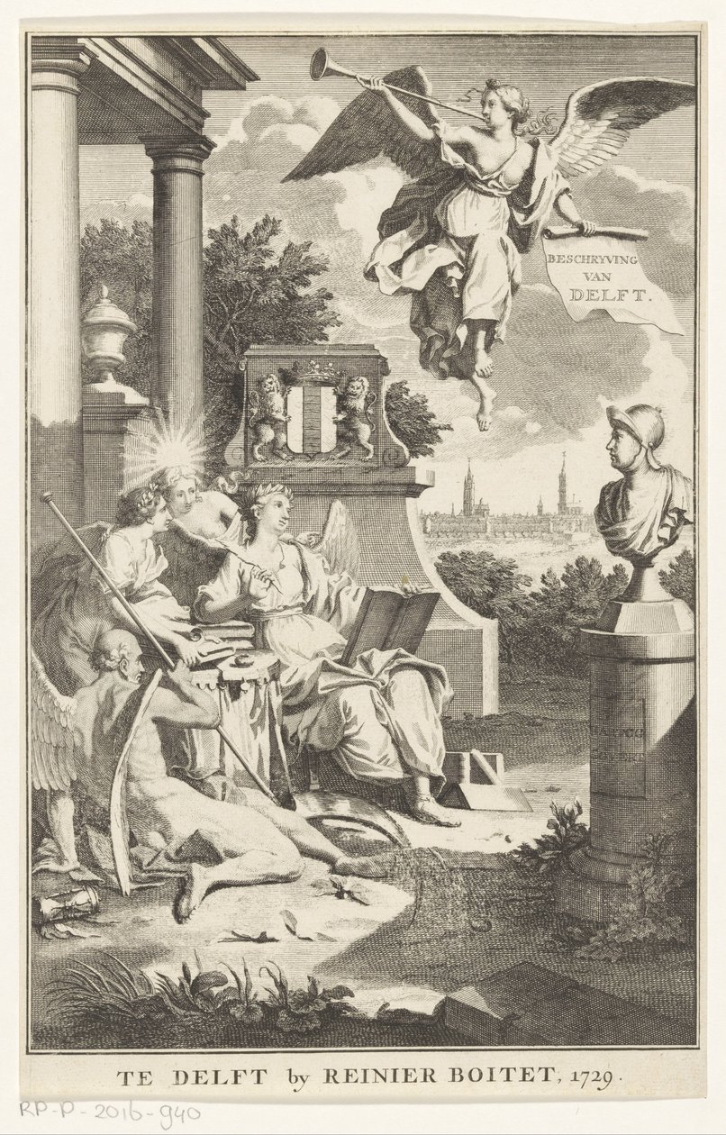 رمزية على دلفت وصف Delft (العنوان على الكائن) صفحة العنوان لـ: S.n.، Beschryving der stadt Delft، 1729 بواسطة مجهول
