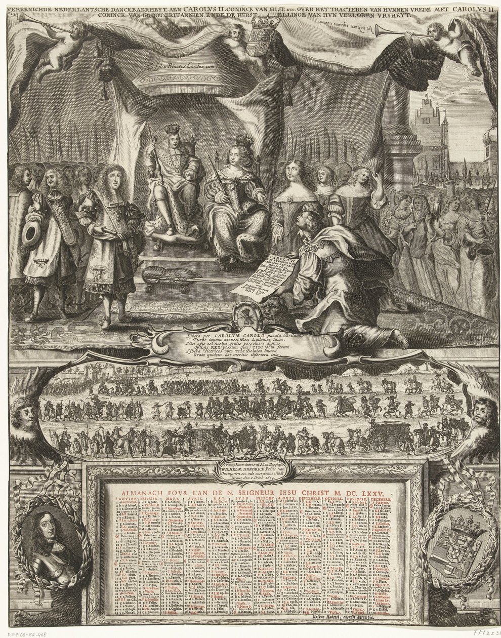 رمزية السلام مع إنجلترا عام 1674 وتقويم عام 1675 Vereenichde Nederlantsche danckbaerheyt ، آين كارولوس الثاني. كونينك فان هيسب. وما إلى ذلك حول صنع سلامهم مع كارولوس الثاني. Coninck van Great Britannien ، ende de reparation بواسطة مجهول