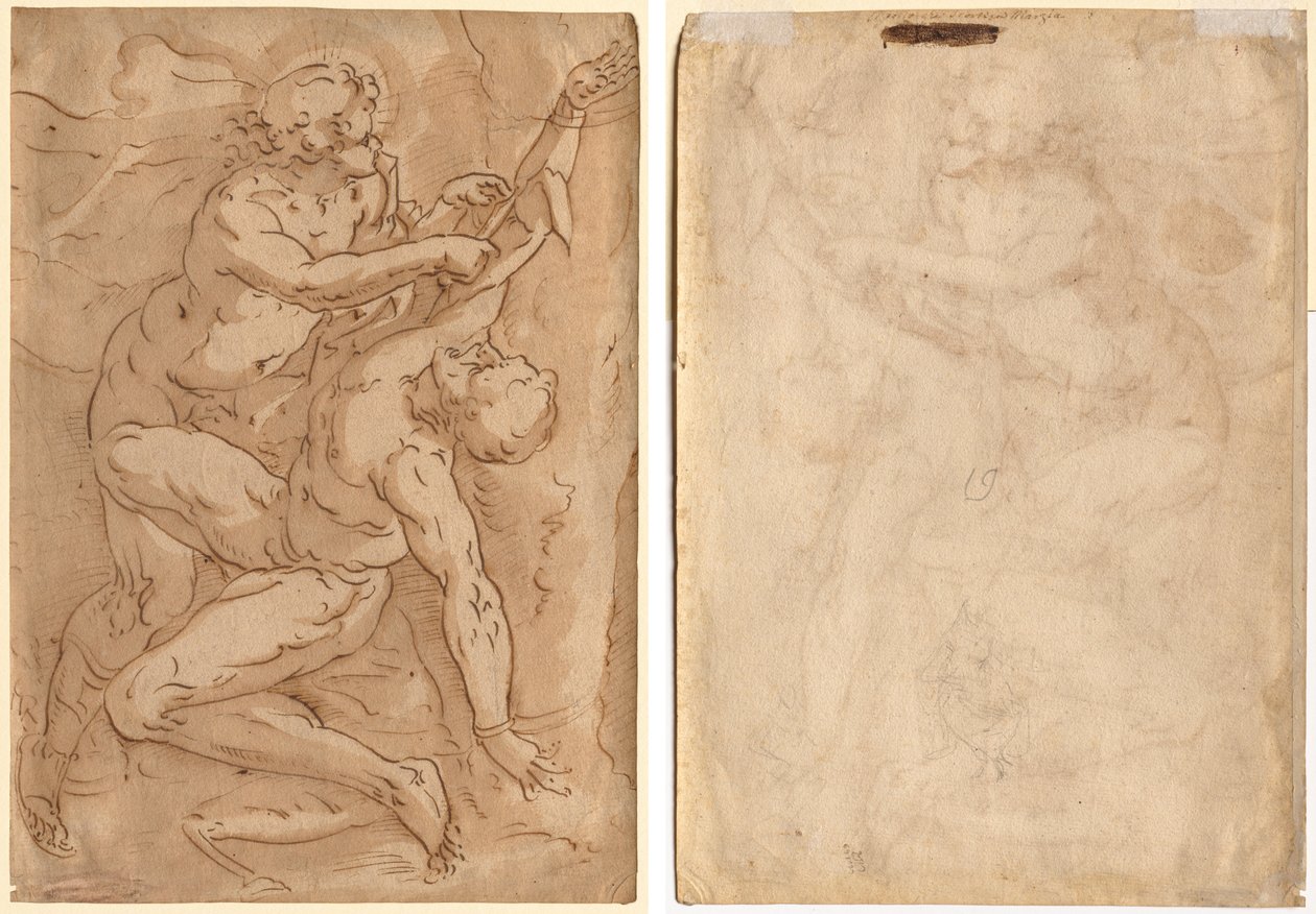 Apollo Flaying Marsyas (وجه الصفحة) رسمان تخطيطيان لأم وطفل (ظهر) بواسطة مجهول