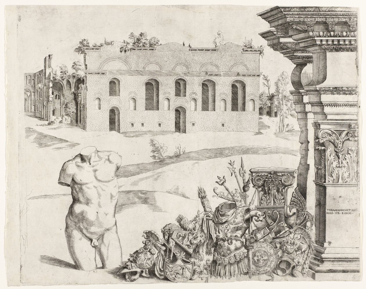 Capriccio المعمارية مع spolia ، وجذع الذكور وإطلالة على حمامات دقلديانوس بواسطة مجهول