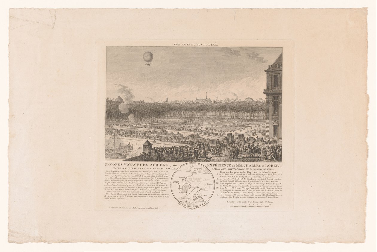 Ballonvlucht door de heren Charles en Robert van Parijs naar Beaumont ، gezien vanaf de Tuilleriën ، 1 ديسمبر 1783 المسافرون الجويون الثانيون ، أو تجربة MM. تشارلز وروبرت ، صنع في باريس في روضة الحديقة الملكية في تويليريز في الأول من ديسمبر بواسطة مجهول