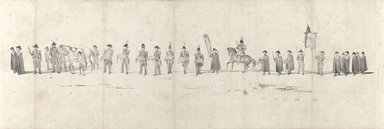 جنازة الملك الراحل ويليم الثاني في دلفت في 4 أبريل 1849 (الصفحة 3) خمس أوراق متجاورة من موكب جنازة ويليام الثاني في عام 1849 (عنوان السلسلة) بواسطة مجهول