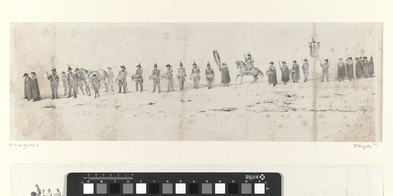 جنازة الملك الراحل ويليم الثاني في دلفت في 4 أبريل 1849 (الصفحة 3) خمس أوراق متجاورة من موكب جنازة ويليام الثاني في عام 1849 (عنوان السلسلة) بواسطة مجهول