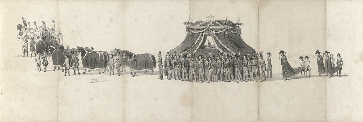 جنازة الملك الراحل ويليم الثاني في دلفت في 4 أبريل 1849 (الصفحة 4) خمس أوراق متجاورة من موكب جنازة ويليام الثاني في عام 1849 (عنوان السلسلة) بواسطة مجهول