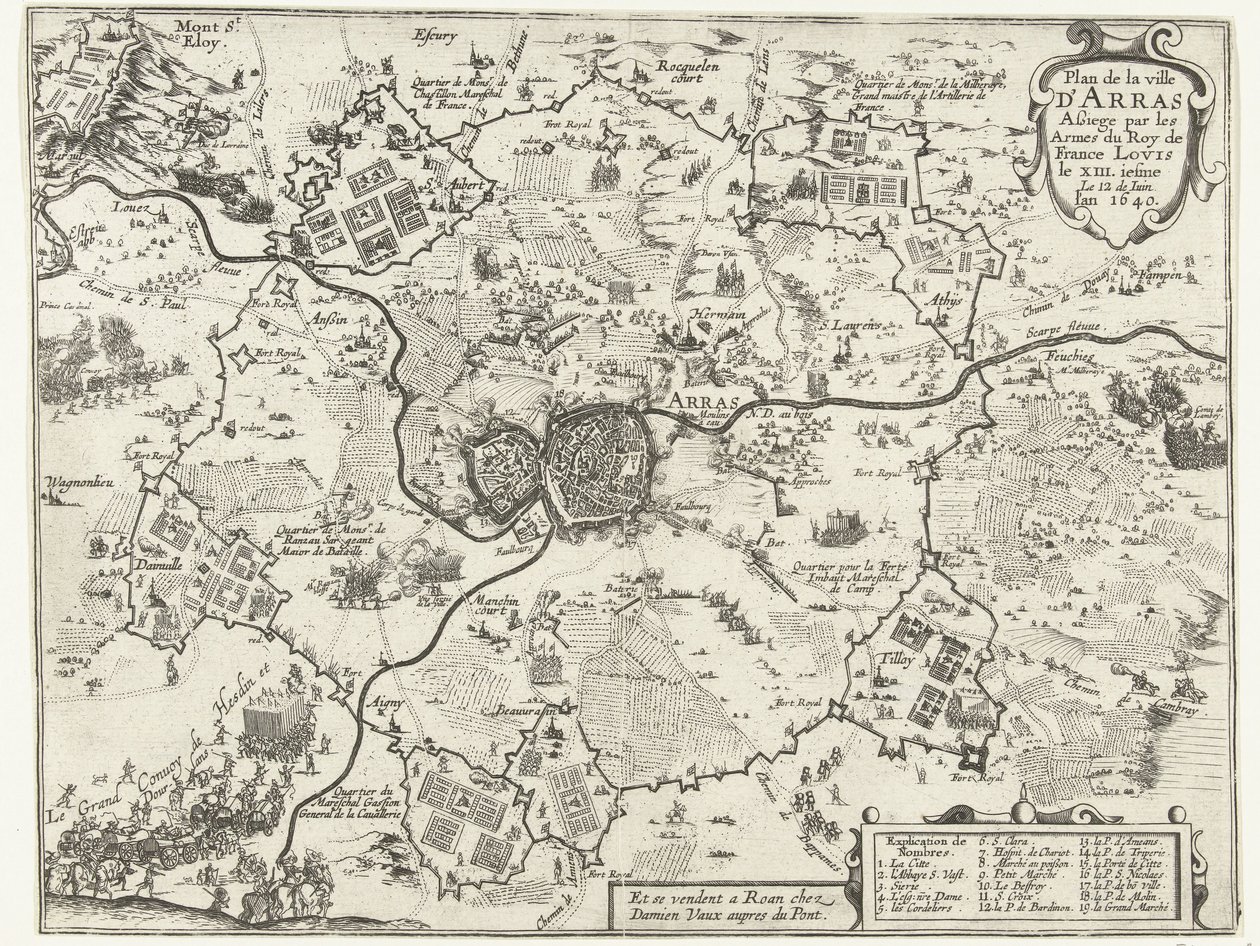 Beleg van Arras door de Fransen، 1640 مخطط لمدينة أراس المحاصرة بأذرع ملك فرنسا لويس الثالث عشر. عام 1640 (العنوان على الكائن) بواسطة مجهول