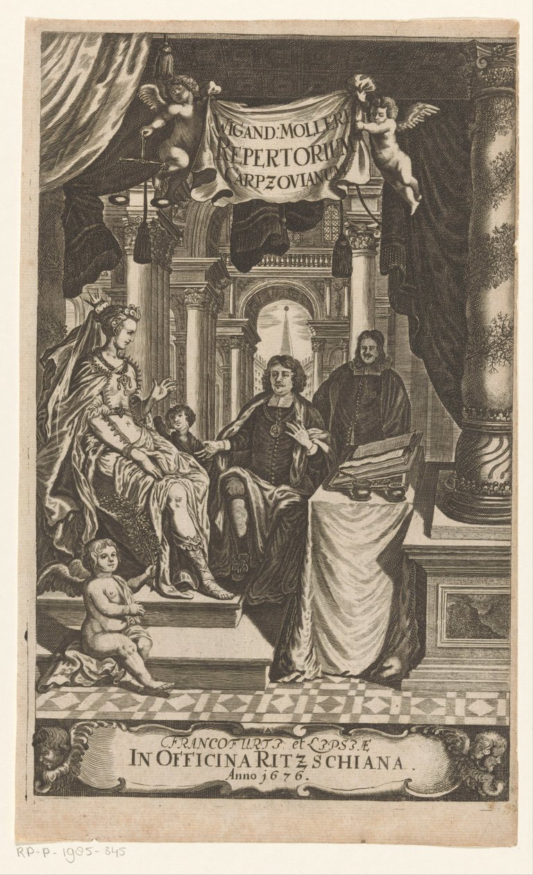 Benedikt Carpzov bij tronende koningin مرجع Carpzovian لـ Wigand Moller (العنوان على الكائن) Titelpagina for: Wigand Möller، Repertorium rerum، verborum، et notablem، 1676 بواسطة مجهول