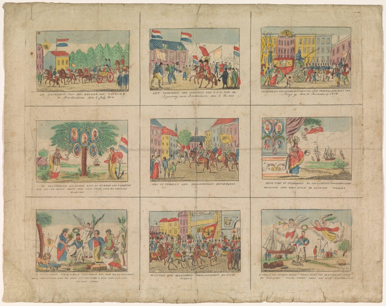 ورقة بها 9 تمثيلات للأحداث التاريخية في السنوات 1813-1814 (العنوان على الكائن) بواسطة مجهول
