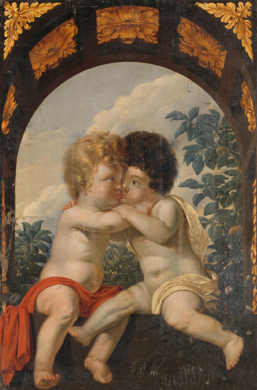 Christian Allegory مع طفلين يعانقان بعضهما البعض بواسطة مجهول