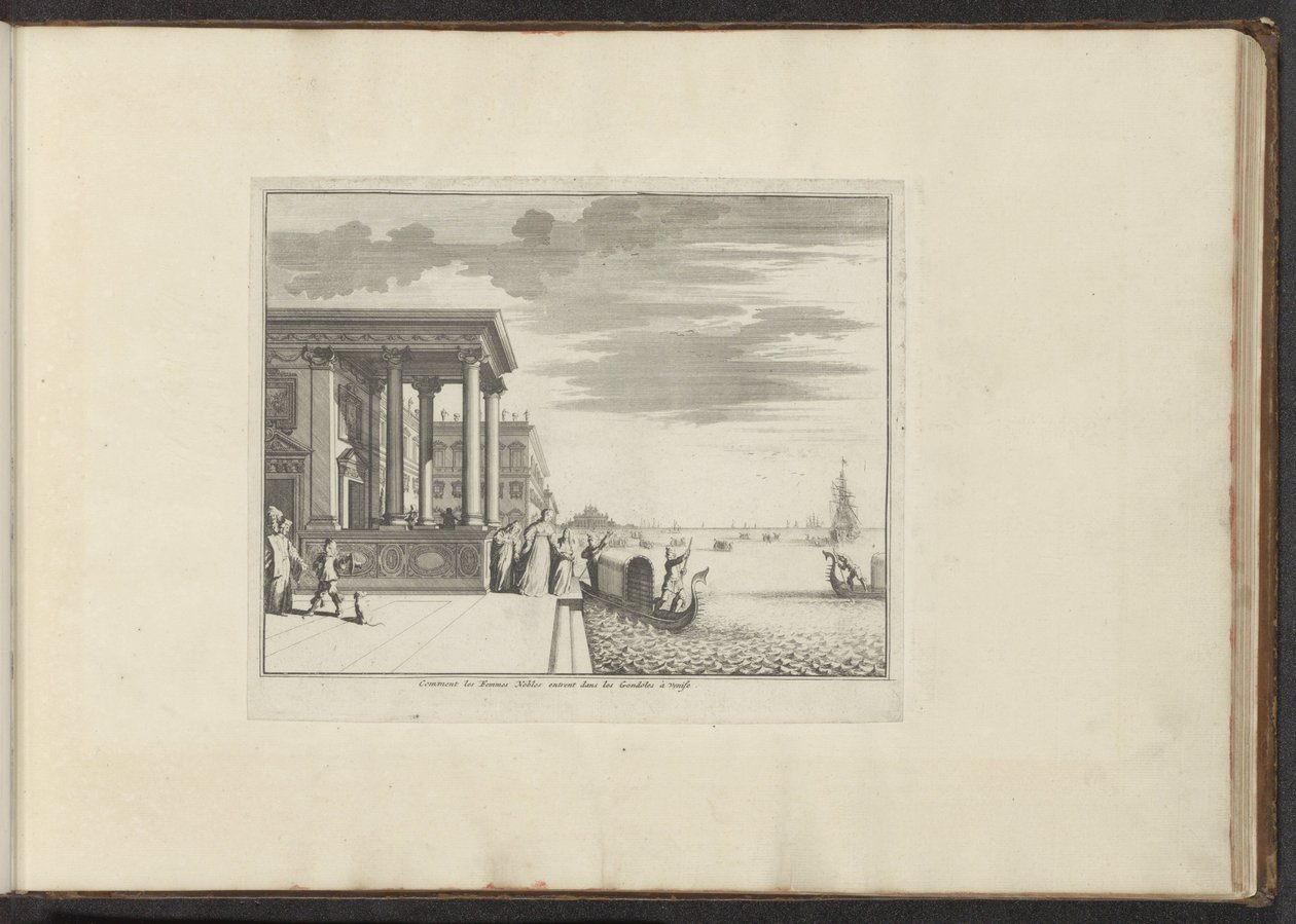سيدات النبلاء ينتظرن جندول في البندقية Comment les Femmes Nobles entrent dans les Gondoles à Venise (العنوان على الكائن) القصور والمعالم الأثرية في البندقية وليفورنو ونابولي وروما (عنوان السلسلة) بواسطة مجهول