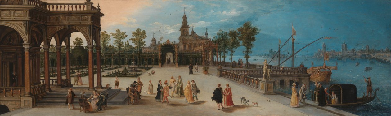 حفلة راقصة في الفناء الأمامي لقصر خيالي مع إطلالة على مدينة البندقية من مسافة بعيدة Capriccio بواسطة مجهول