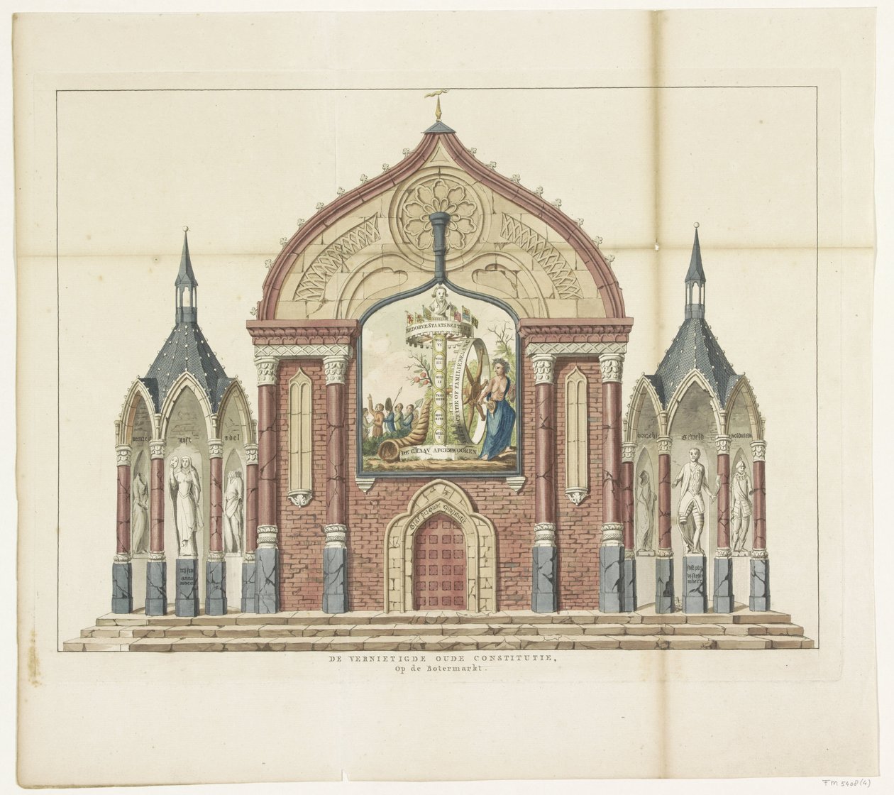 تدمير الدستور القديم ، زخرفة على Botermarkt ، 1795 الدستور القديم المدمر ، في Botermarkt خمسة عشر زخرفة في Alliantiefeest في أمستردام عام 1795 (عنوان السلسلة) بواسطة مجهول