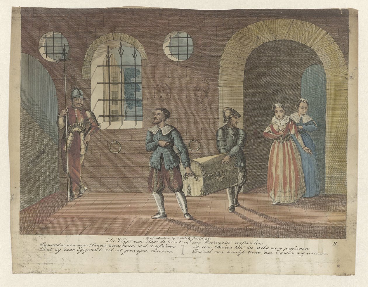 يتم نقل خزانة الكتب التي تم إخفاء Hugo de Groot فيها إلى قارب التجديف في Slot Loevestein ، 1621 إخفاء Hugo de Groot