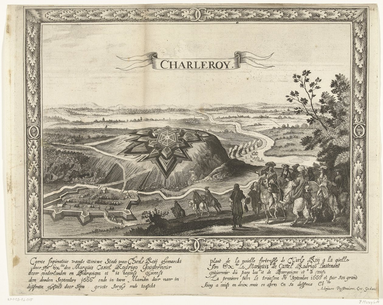قلعة شارلروا الجديدة عام 1666 Caerte تصويري للمدينة الجديدة بواسطة Charle Roij (...) (العنوان على الكائن) Plant de la nouelle fortresse de Charle Roij (...) (العنوان على الكائن) بواسطة مجهول