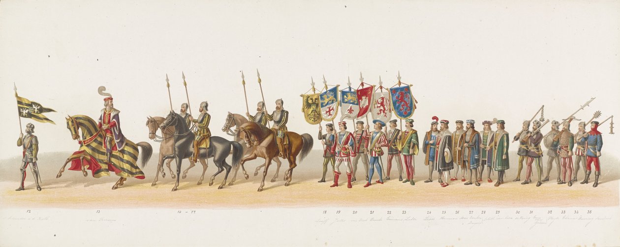 موكب دلفت عام 1873 (اللوحة الثانية) موكب بالملابس عقده أعضاء Delftsche Studentencorps في 8 يوليو 1873 ، يصور: دخول Karel van Egmond ، دوق Guelders ، كونت Zutphen ، إلى Arnhem في عام 1492 (سلسلة t بواسطة مجهول